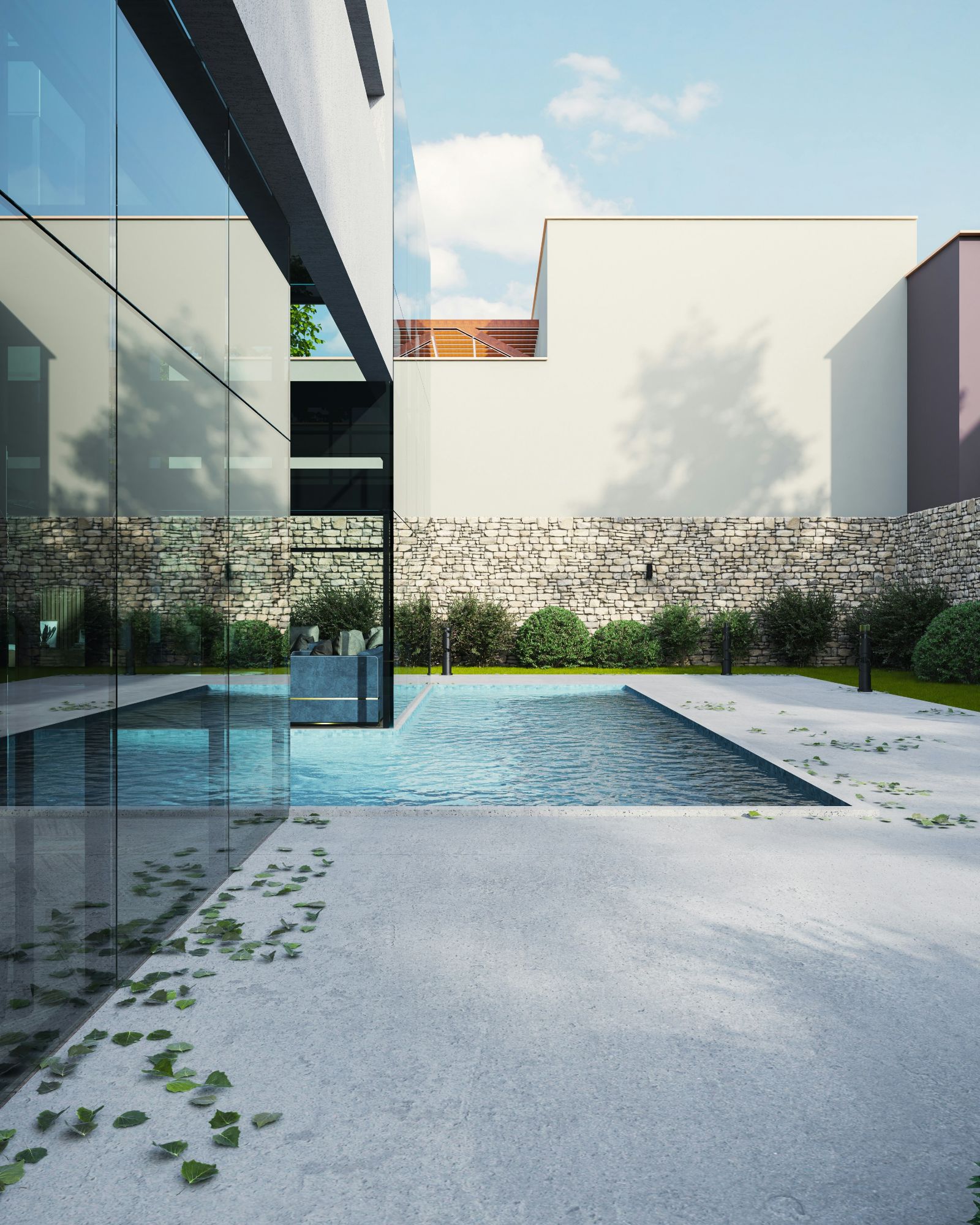 Biophilic home design featuring glass walls and luxury pool integration.