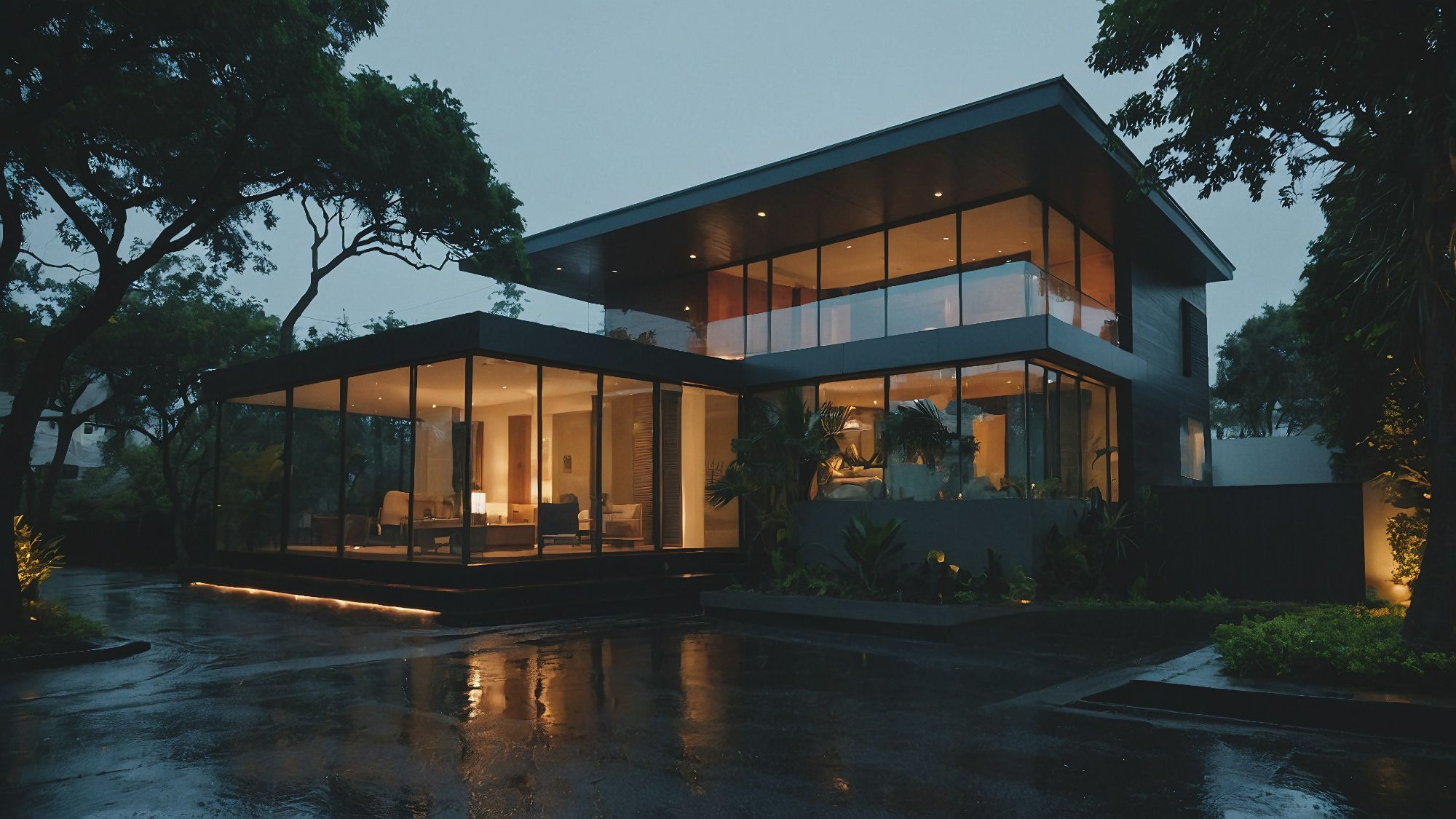 Modern Afrohemian luxury mansion with floor to ceiling glass walls at dusk.