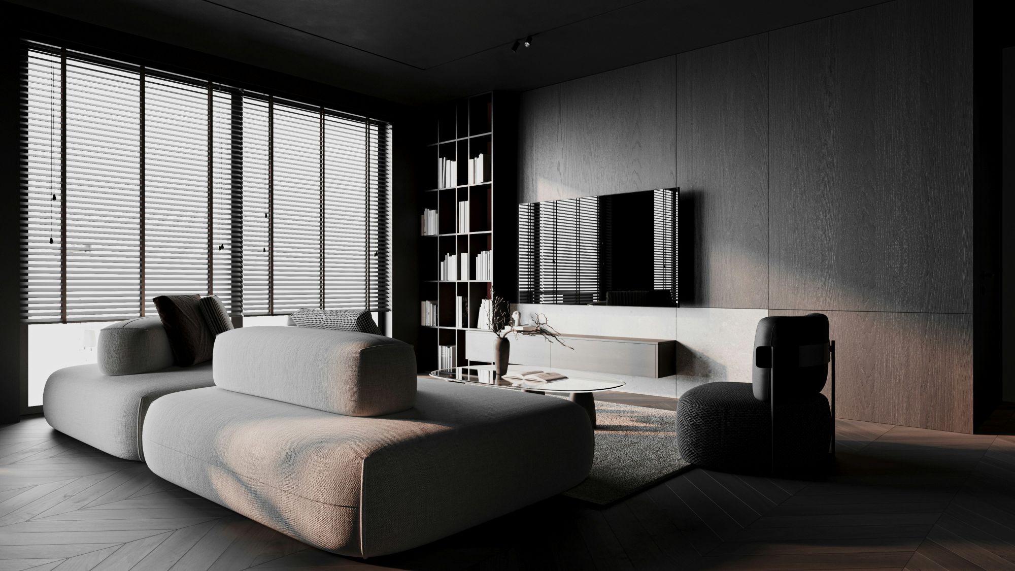 Afrohemian interior design with dark wood paneling and minimalist furniture 